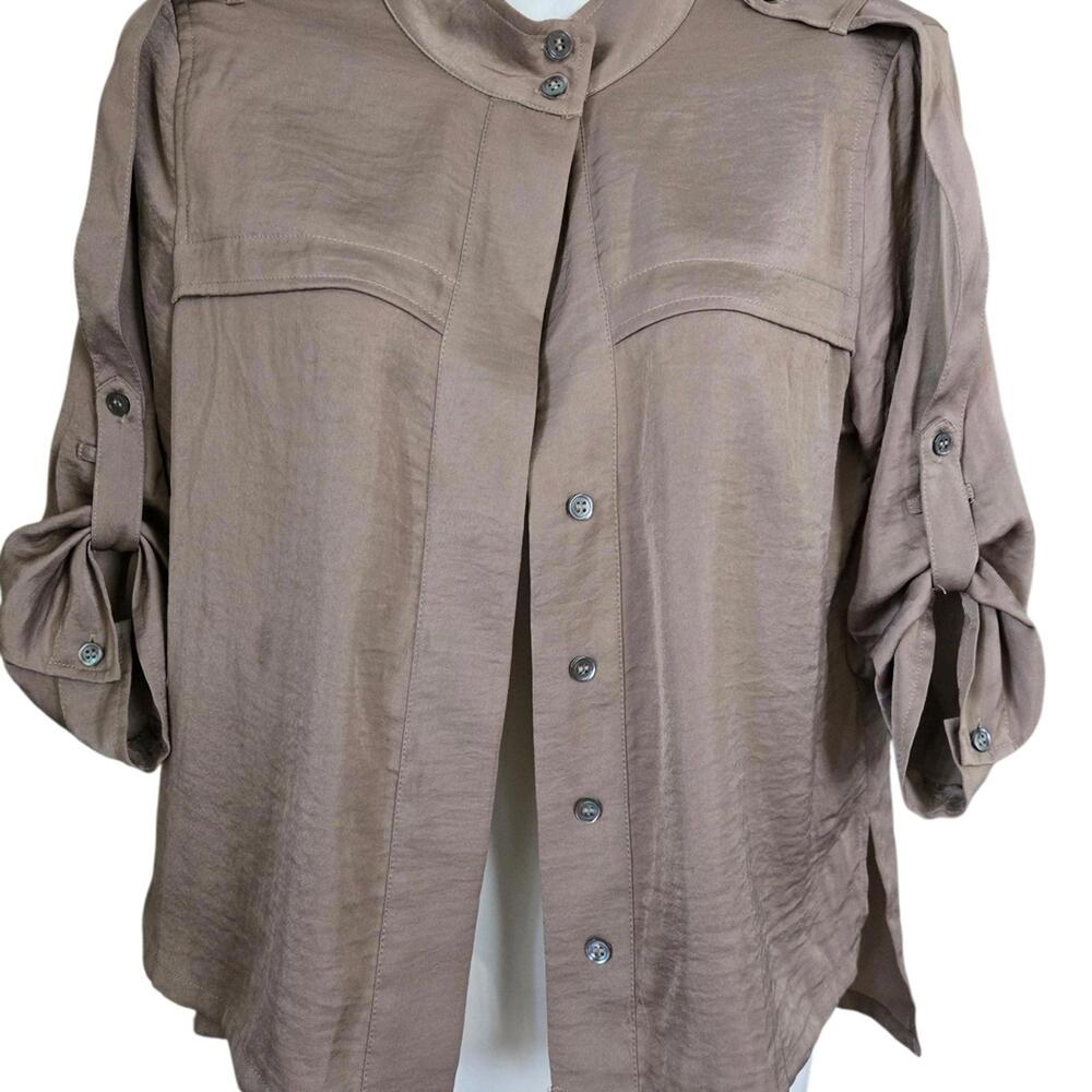 BCBG Women's Taupe Button-Up Blouse with Roll-Tab Sleeves‎